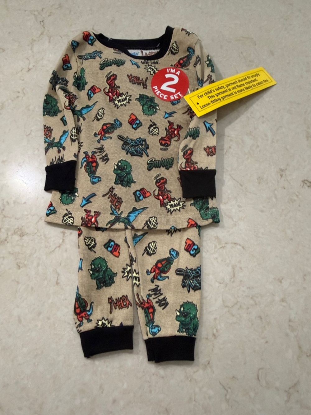 Beige Dino & Monster Print Kids Pajama Set with Black Trim 12M NWOT